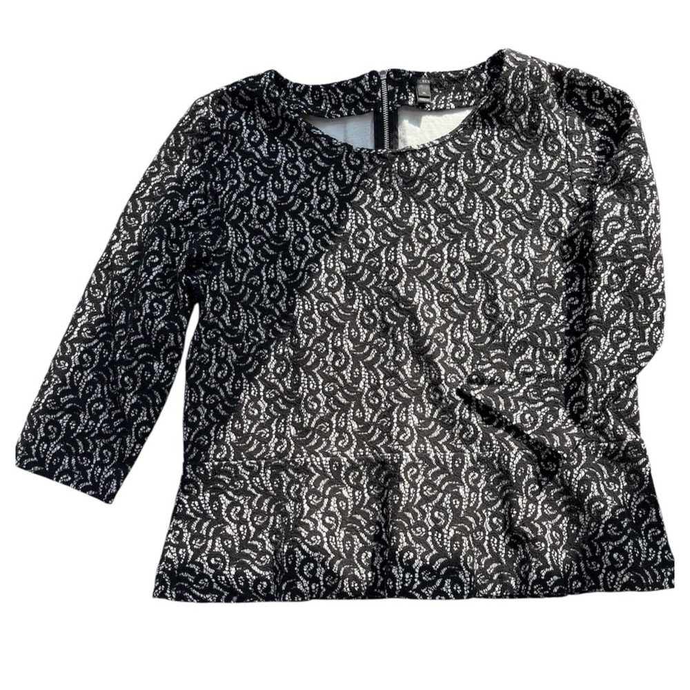 J.Crew Lace Overlay Peplum Top Womens sz XL Black White Spring Office Chic